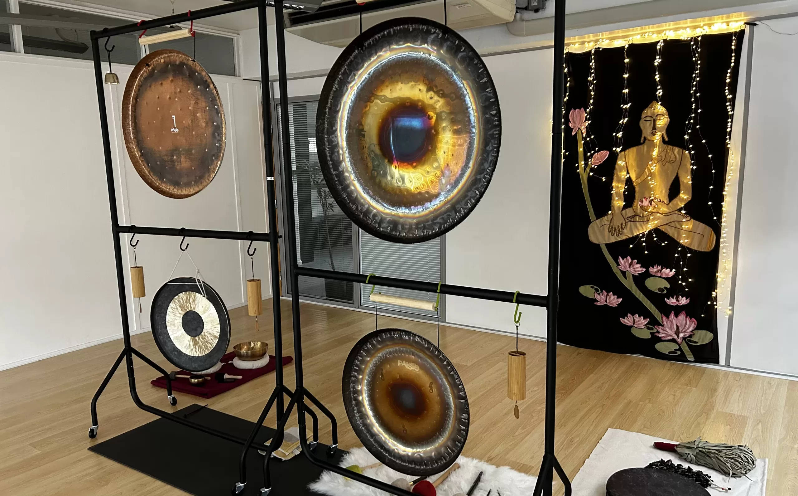 gongs ready to play at a gong bath