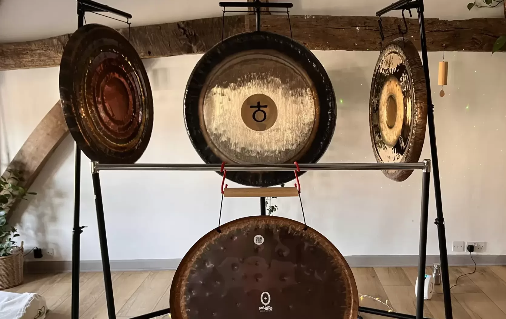 close-up of gongs